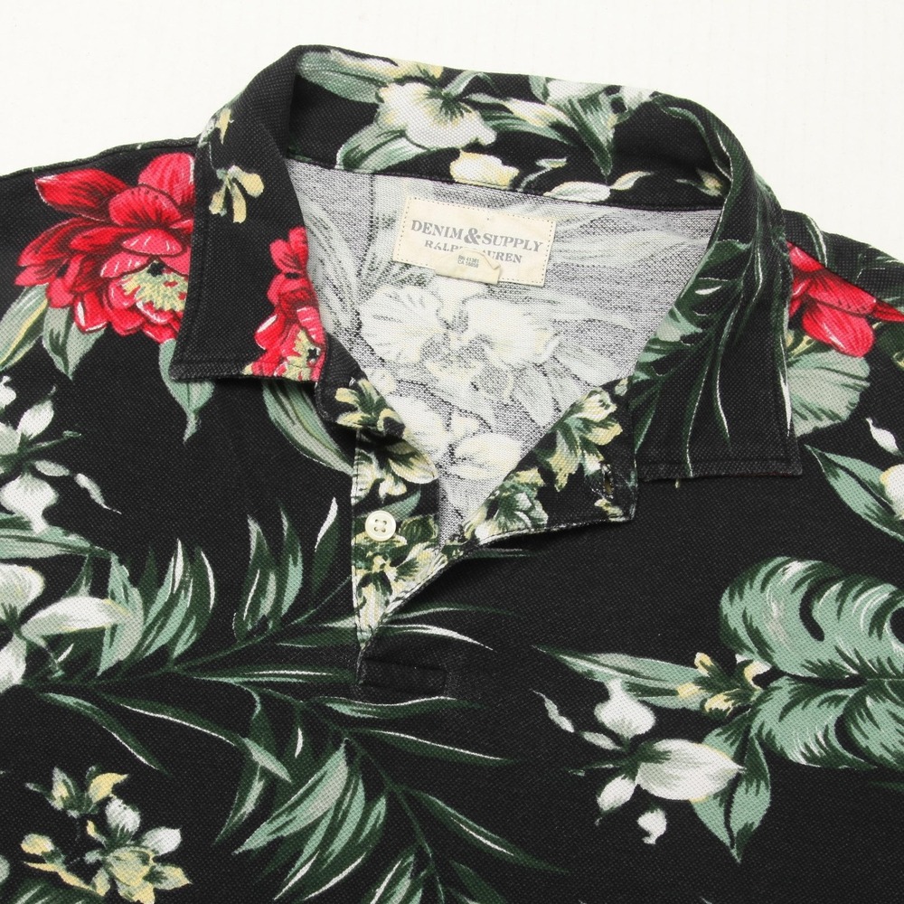 Denim & Supply Ralph Lauren Polo Shirt Mens XL Black Floral Hawaiian Tropical